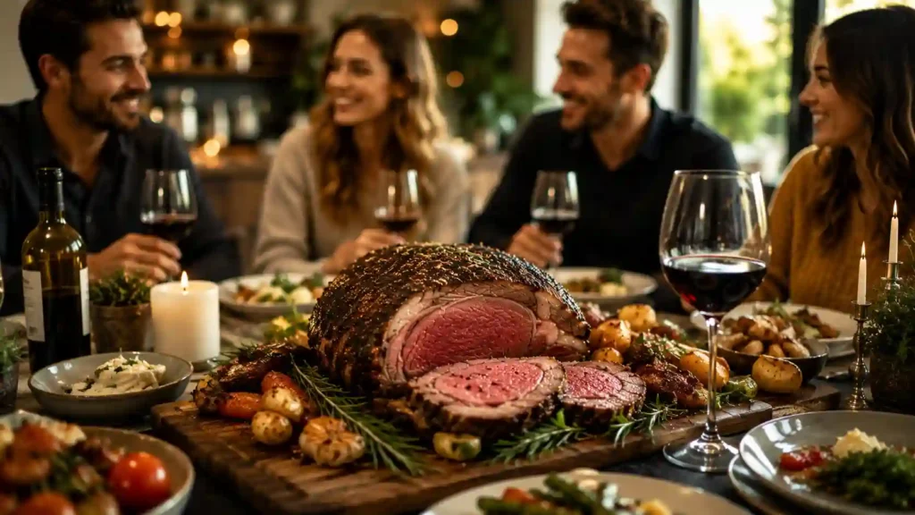 Trending Food Wishes Prime Rib This Year Modern elegant prime rib dinner styled for social media, beautifully sliced roast, sophisticated table setting, fresh herbs, roasted vegetables, stylish plates, friends enjoying a contemporary dinner gathering, trendy lifestyle aesthetic, cinematic natural lighting, highly realistic professional food photography, premium food blog feature image, no text, no watermark, 16:9 landscape